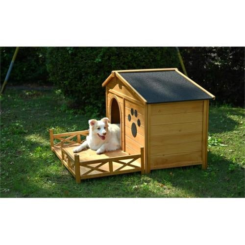 48 Wooden Dog House Outdoor With Porch, Dog Kennel With Water-Resistant Asphalt Roof And Fencing,Indoor & Outdoor Dog Crate With Paw Print, Medium, Nature